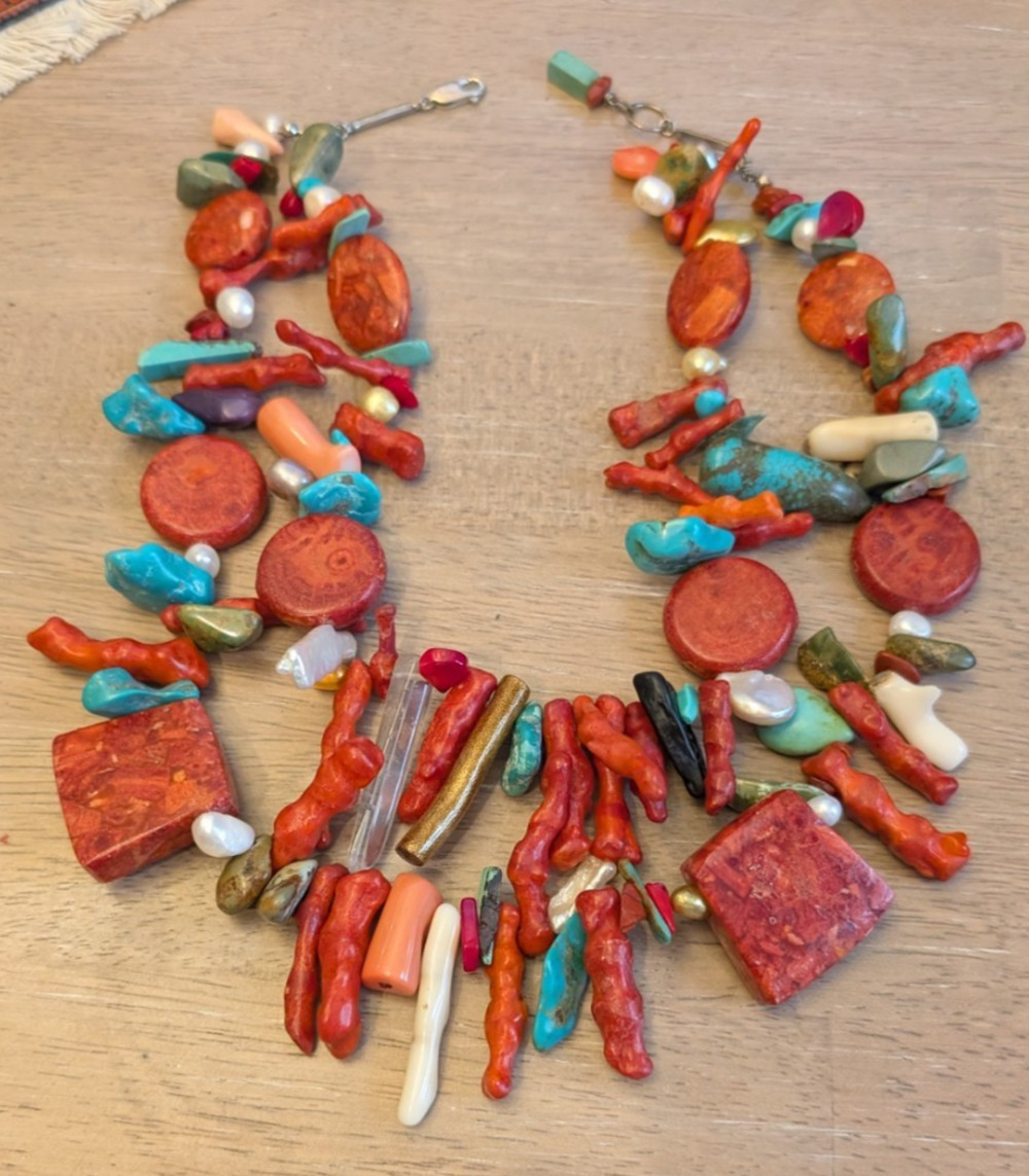 Vintage Turquoise & Coral Bead Necklace with pearls Multi-Strand necklace